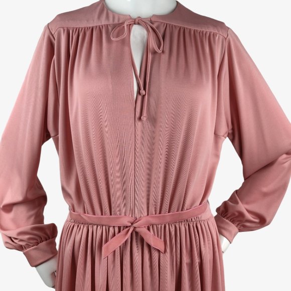 Vintage 1970s Rose Pink Slinky Maxi Dress Hostess Gown Grecian Drape Gathered M - Picture 3 of 14